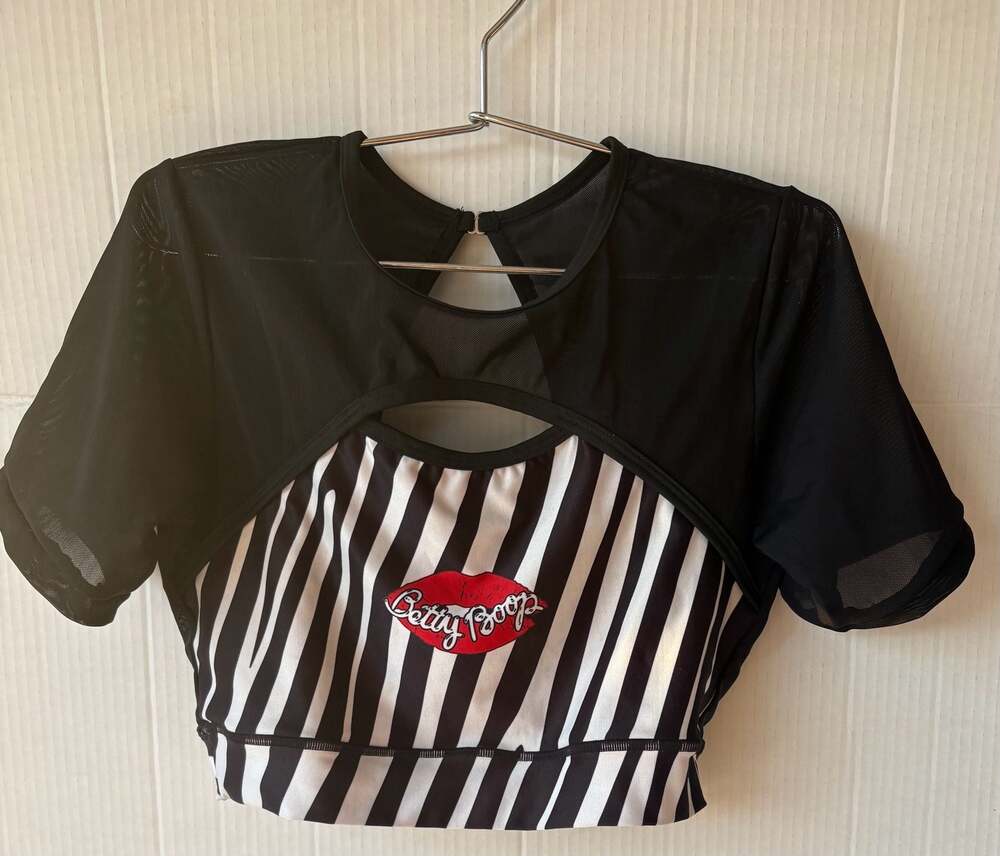 Betty Boop Striped Mesh Overlay Crop Top Keyhole Sports Bra